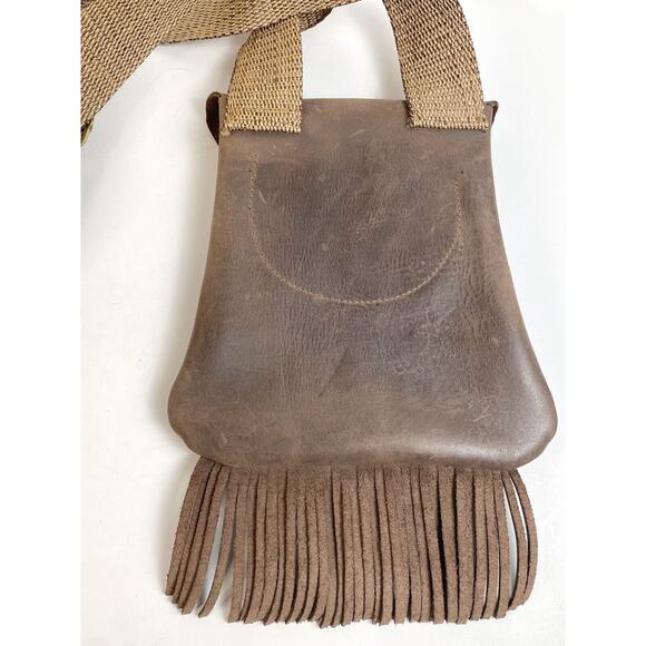 Festival Leather Satchel Crossbody Purse Hand Tooled Thick Fringe Woven Strap - Picture 3 of 6